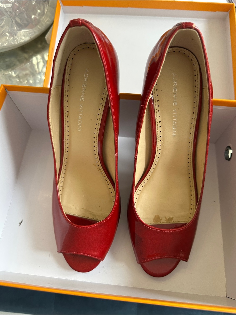 Adrienne Vittadini Red Patent Peep Toe Pumps